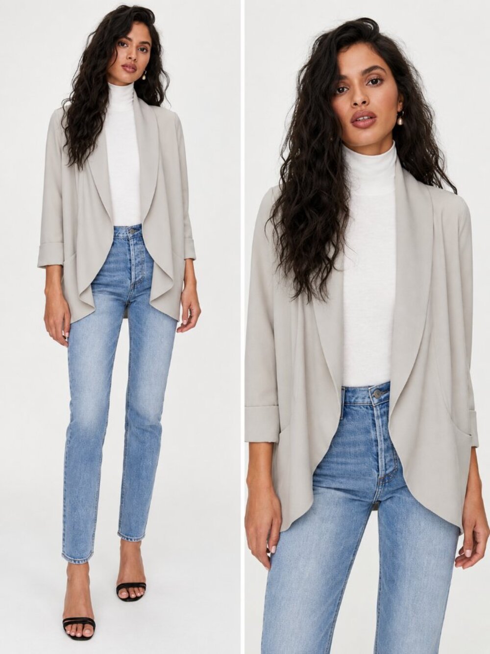 ARITZIA WILFRED Draped Open Front Blazer Light Gray Minimalist Quiet Luxury Chic
